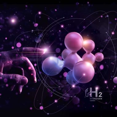 Hand touching hydrogen H2 gas molecule